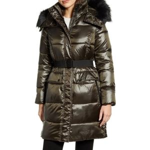 Sam Edelman Green 3/4 Length Faux Fur Hooded Puffer Coat Size Small NO BELT